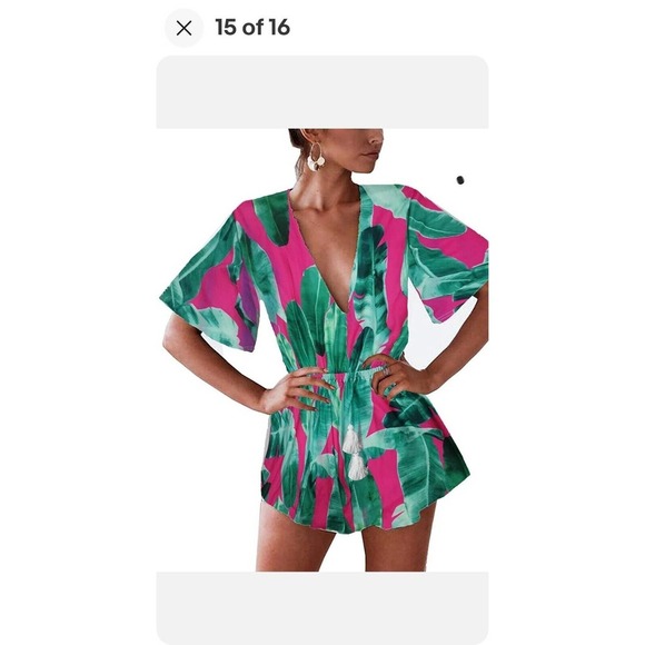 Famulily Women's Pink & Blue 100% Polyester V-Neck 3/4 Sleeve Casual Romper L - Picture 11 of 11